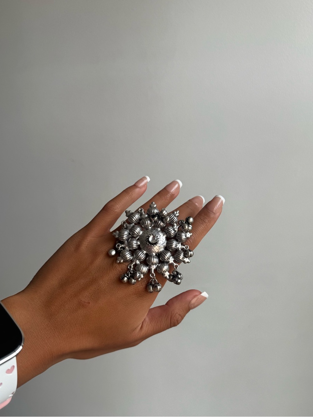 Vintage Silver Bell Charm Firecracker Ring - Fully Adjustable